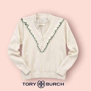 Tory Burch Women’s Cashmere Ruffle Trim Half-Zip Pullover Sweater New Ivory L